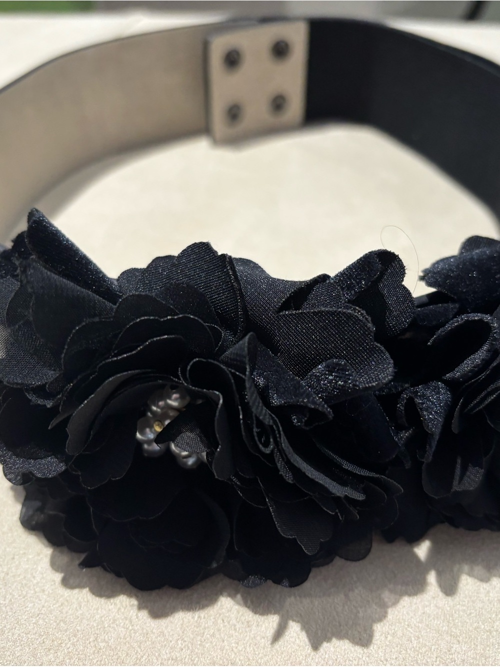 White House Black Market Floral Accent Waist Belt with Pearl Accents. Size L